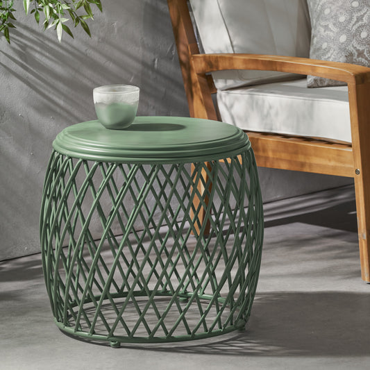 Noble House Alamera 19"Dia Lattice Iron Outdoor Side Table in Matte Green
