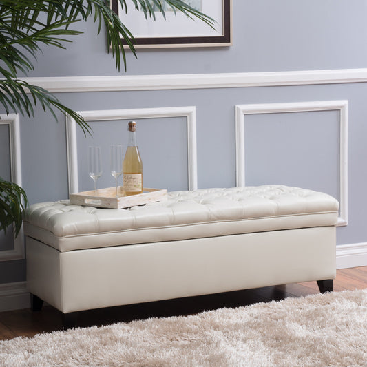 Noble House Jacky Rectangular Faux Leather Lift Top Storage Ottoman, Ivory