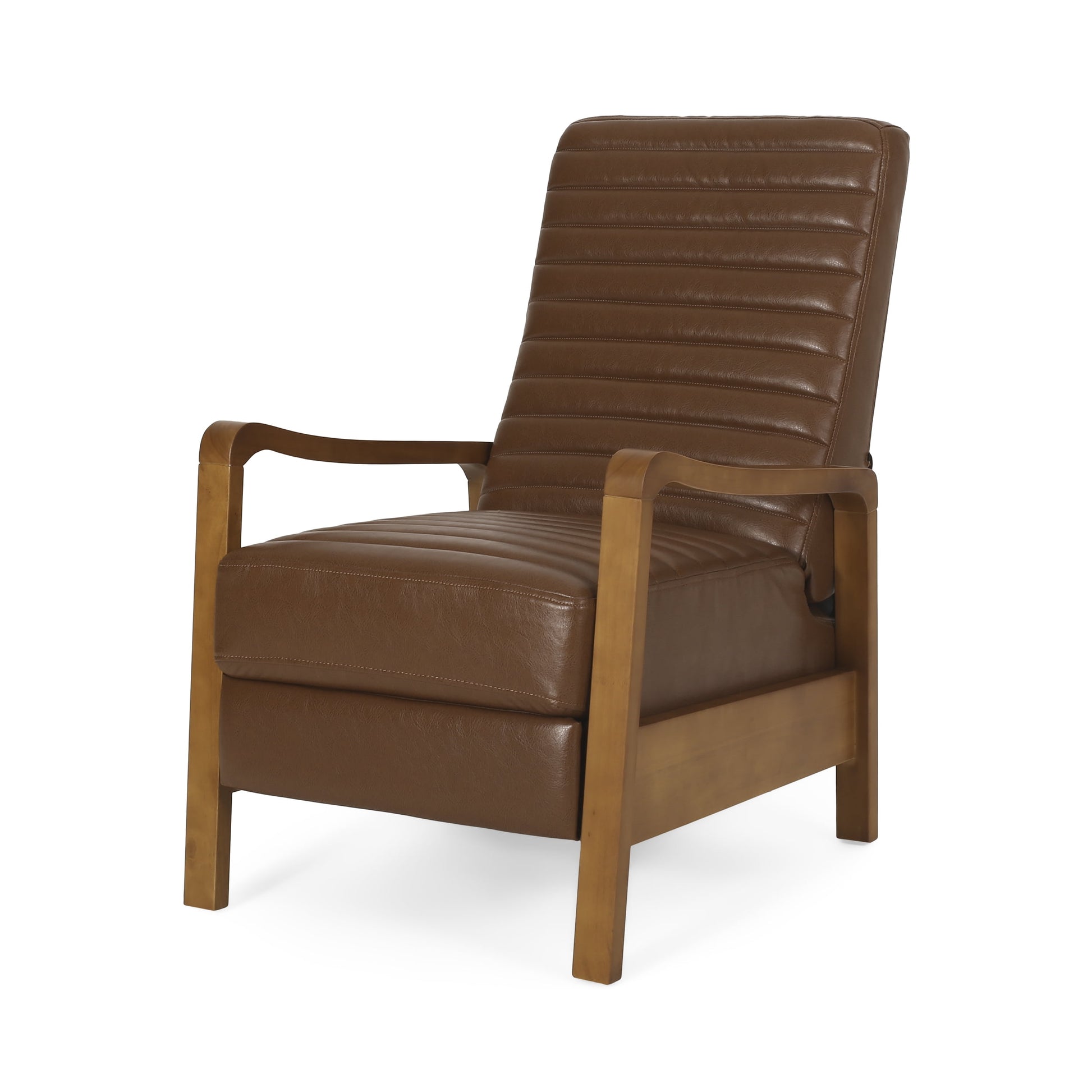 Noble House Judith Upholstered Channel Stitch Pushback Recliner, Cognac Brown and Teak