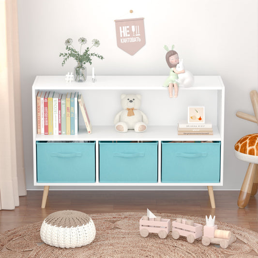 Noble House Kids Bookcase with Fabric Bins, Pine Toy Storage Organizer Shelf, Children's Book Display, White and Green