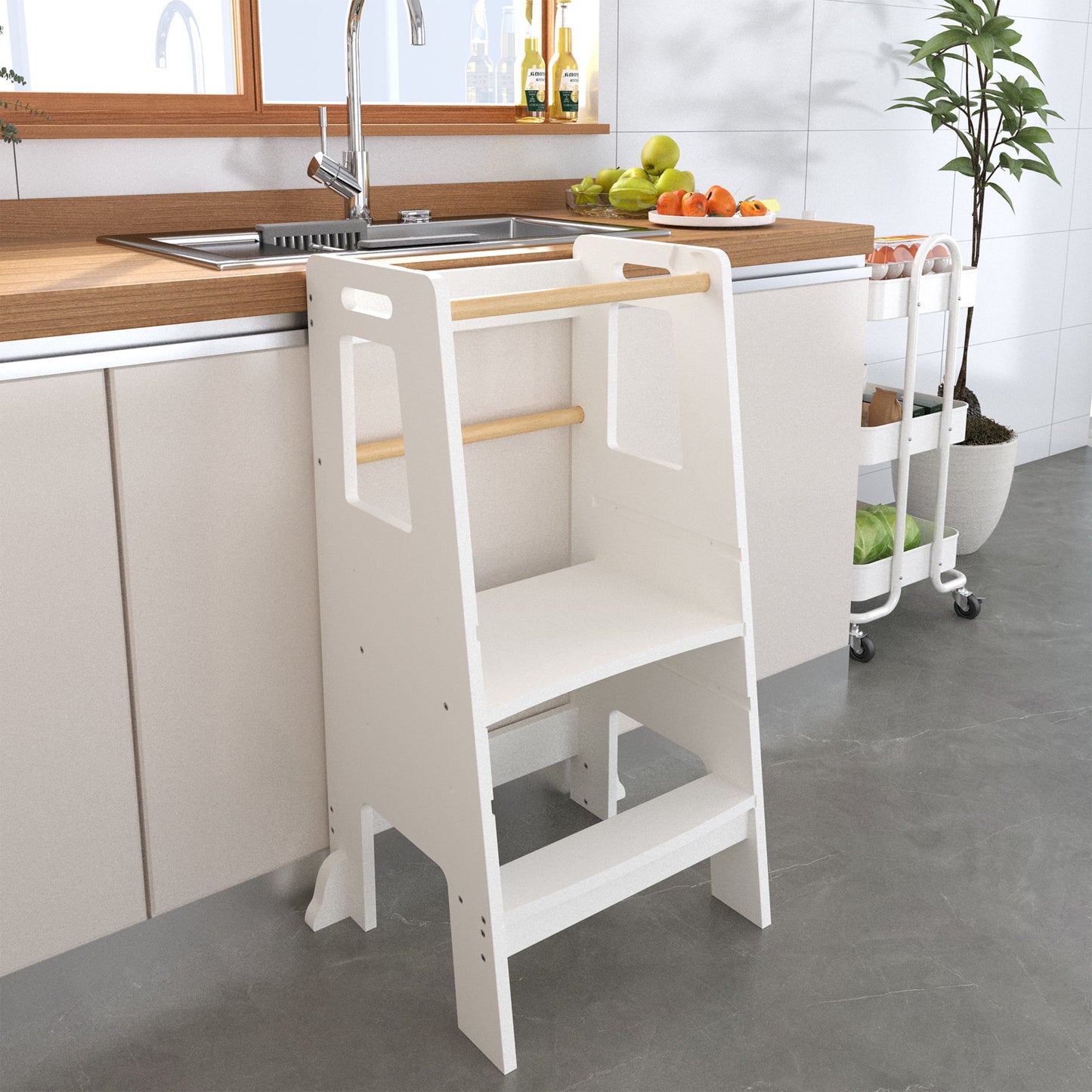 Noble House Kids Montessori Kitchen Helper Standing Tower, Adjustable Wooden Step Stool with Removable Bar, White