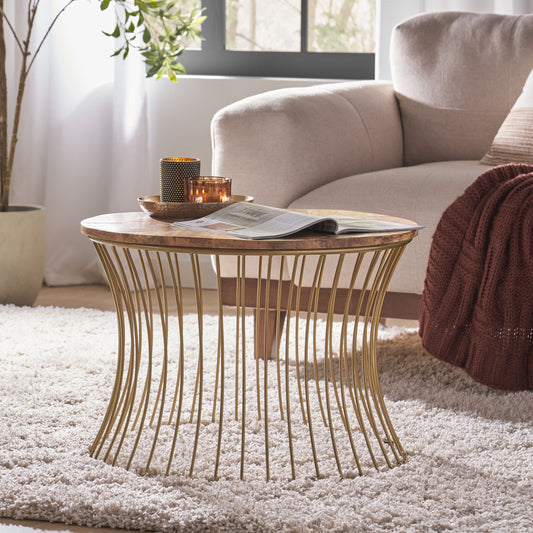 Noble House Kingsley Boho Wood and Iron Round Coffee Table, Gold