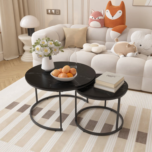 Noble House Lazura 27.6" Marble Look Nesting Coffee Table Set, Round MDF Top with Metal Base, Black, Set of 2