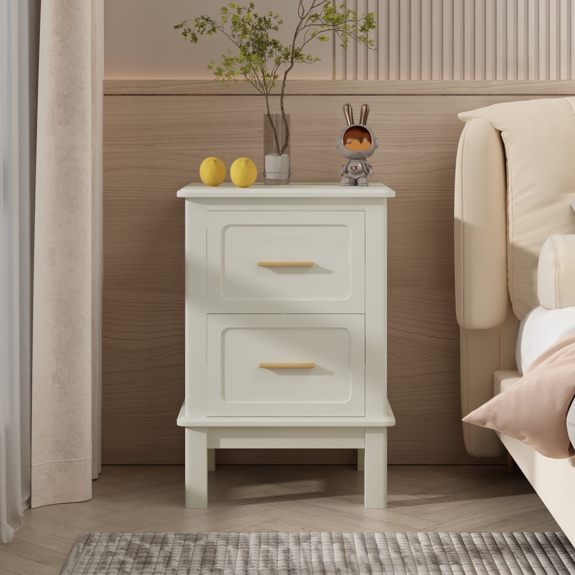 Noble House Misty 16" Modern 2-Drawer Nightstand with Gold Handles, Sturdy Accent Table for Small Spaces, Cream White