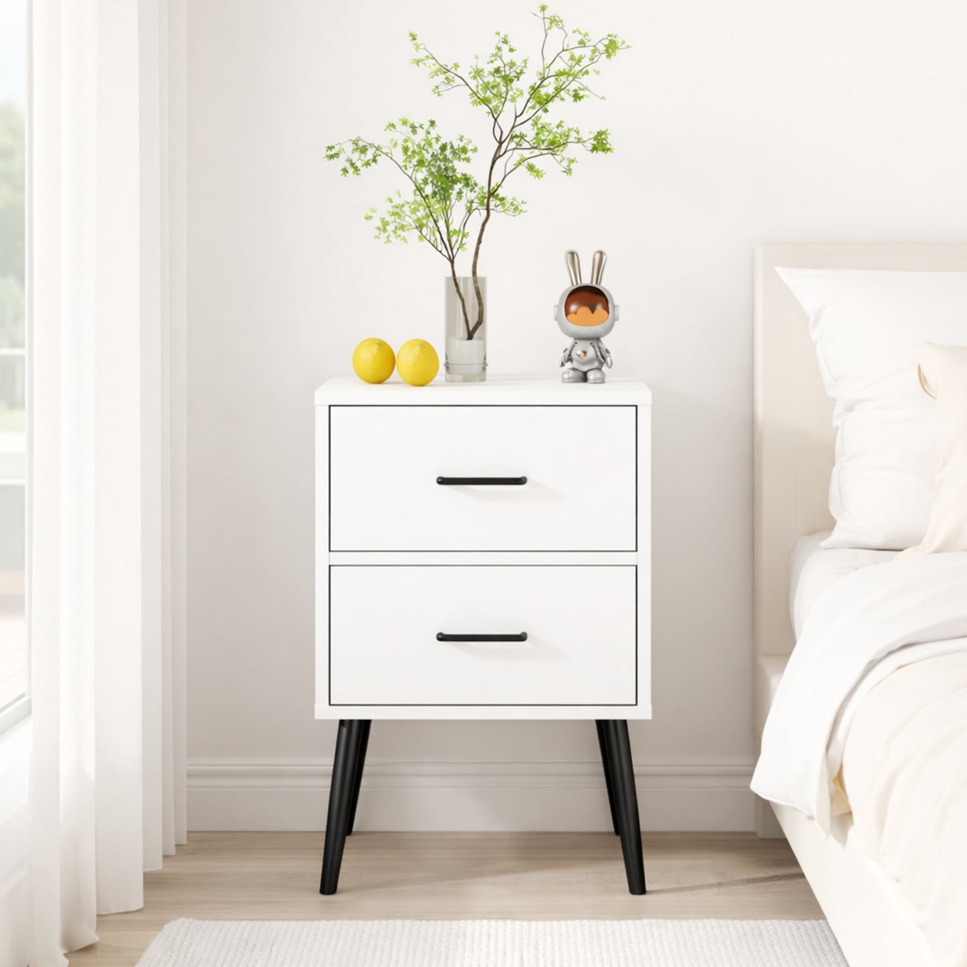 Noble House Misty 16" Modern 2-Drawer Nightstand with Tapered Metal Legs, Small End Table for Bedroom, White