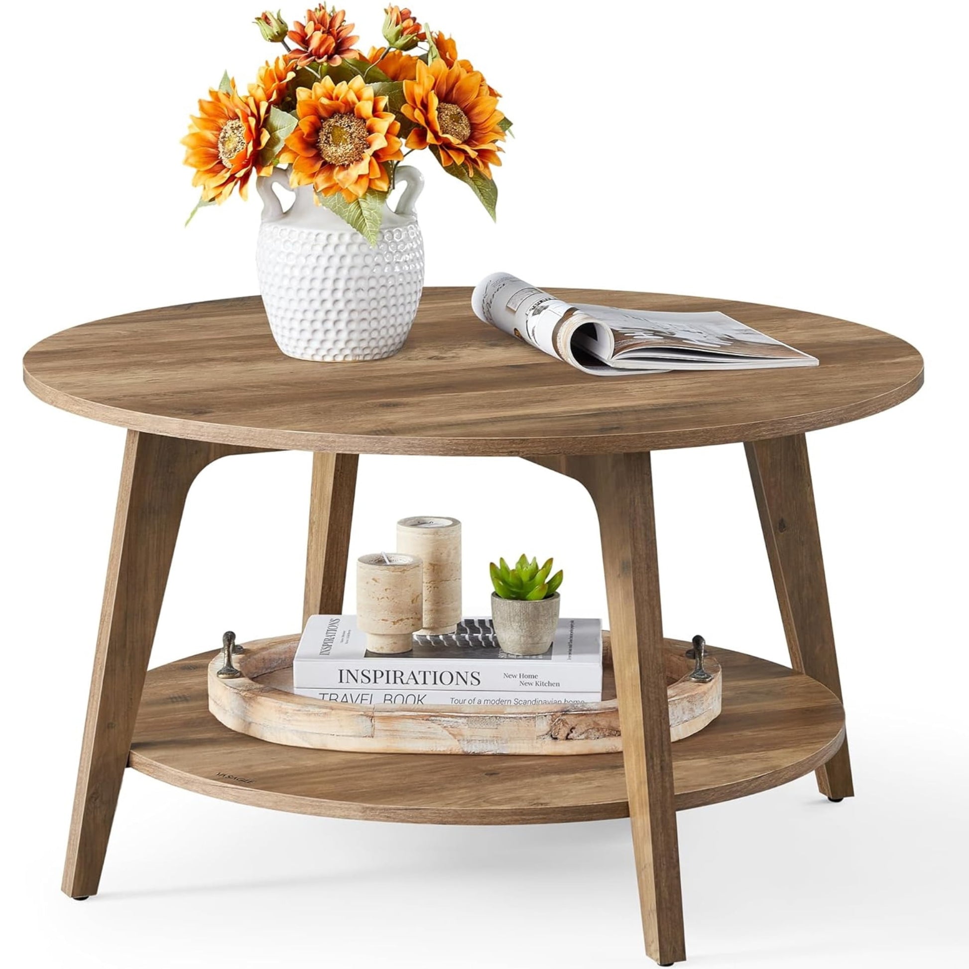 Nordic Hygge 31.5 in. Honey Brown Medium Round 2-Tier Coffee Table with Tapered Legs and Storage Shelf