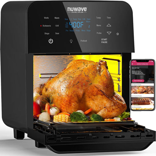 Nuwave Brio Air Fryer Oven, 15.5-Quart Large Capacity Airfryer Cookers, Powerful 1800W and Integrated Smart Thermometer, Countertop, Cooking, Stainless steel