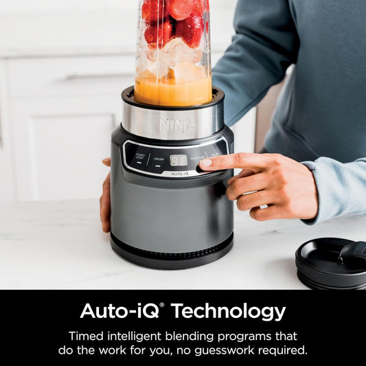 Nutri  Compact Personal Blender, Auto-iQ Technology, 1100 Peak-Watts, for Frozen Drinks, Smoothies, Sauces & More, With To-Go Cups & Spout Lids, Gray (CL401A)