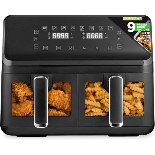 NutriChef 4.4QT Dual asket Air Fryer - Digital Touch Dispy, Oil-Free Cooker with Transparent Viewing Window (ck)