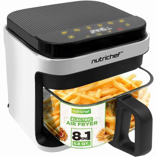 NutriChef 5.5 Liter Air Fryer - Customized Digital Electric Oil-Free Cooker with Transparent Window - White