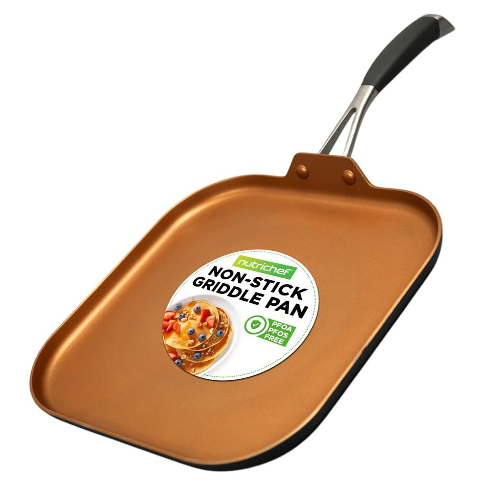 NutriChef Nonstick Kitchen Cookware Set Copper Non-Stick Coating Inside, Hard-Anodized Look Heat Resistant Lacquer Outside, Silicone Handle, 1 Griddle