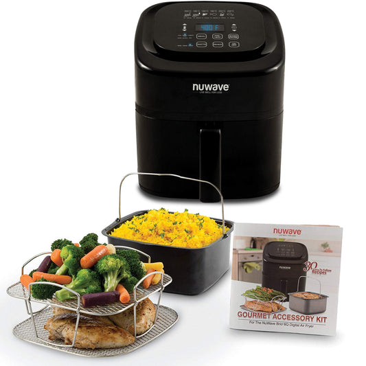 Nuwave Brio 6-Quart Digital Air Fryer Including Non-Stick Baking Pan and Stainless-Steel Cooking Rack (6-Quart + Gourmet Kit), Black