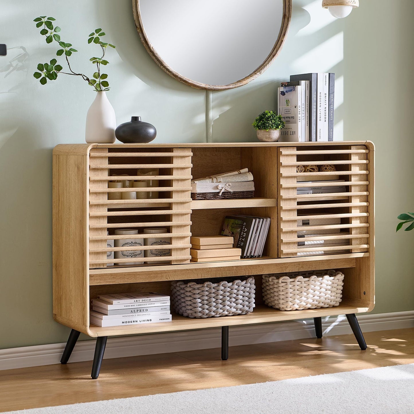 OKD 46" Entryway Table with Sliding Slatted Door, Mid Century Modern Wood Console Table Adjustable & Open Storage Shelf, Console Table for Hallway, Foyer, Living Room, Natural Oak