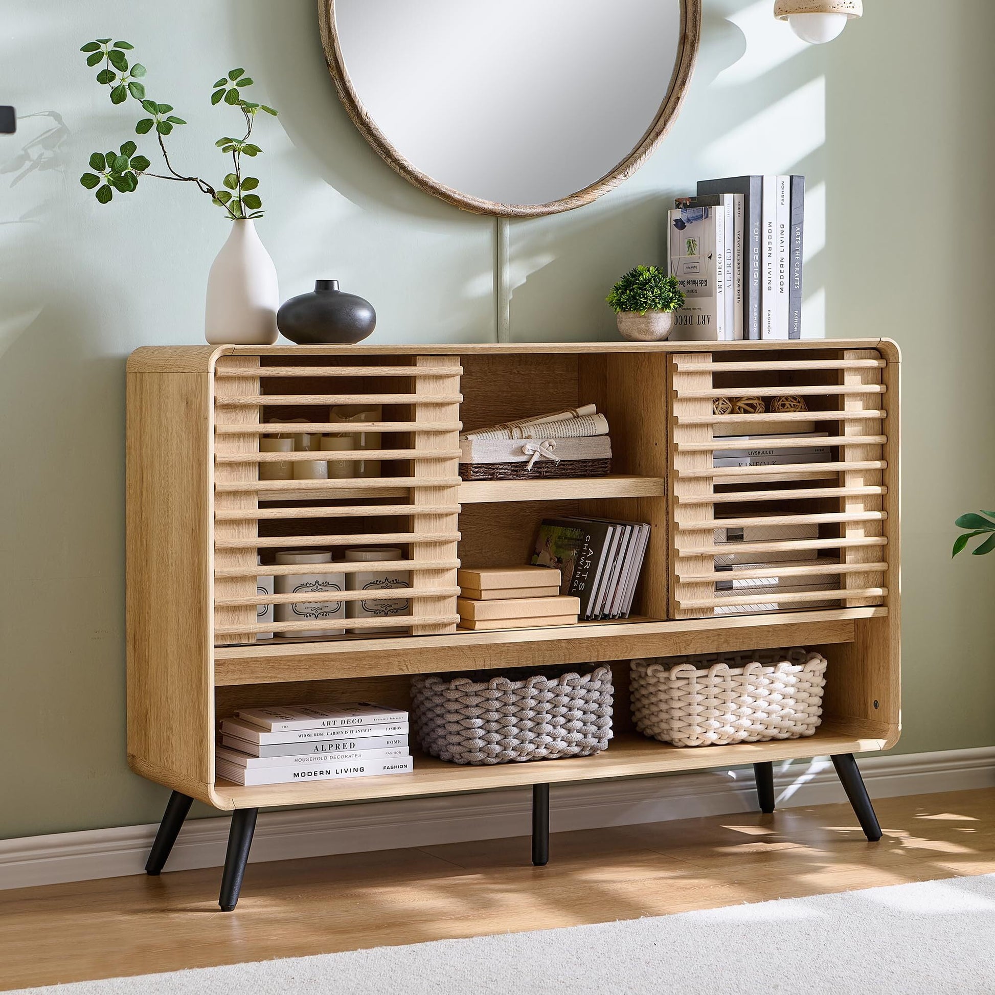 OKD 46" Entryway Table with Sliding Slatted Door, Mid Century Modern Wood Console Table Adjustable & Open Storage Shelf, Console Table for Hallway, Foyer, Living Room, Natural Oak