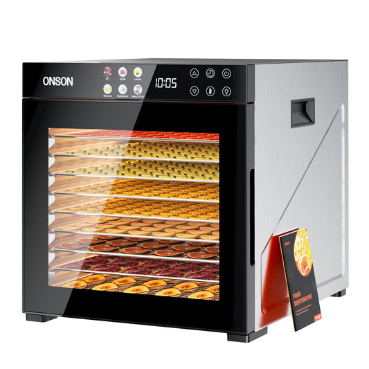 ONSON 10-Tray Food Dehydrator, 1000W High Power, Stainless Steel Dryer for Jerky, Dog Treats, Fruits & Vegetables