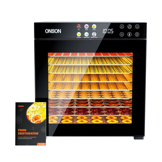 ONSON Food Dehydrator Machine, 10 Stainless Steel Trays, 1000W Power, 167°F Dehydrated Dryer for Jerky, Dog Treats, Herbs, Meat, Fruit, Yogurt and Veggies, Silver-black