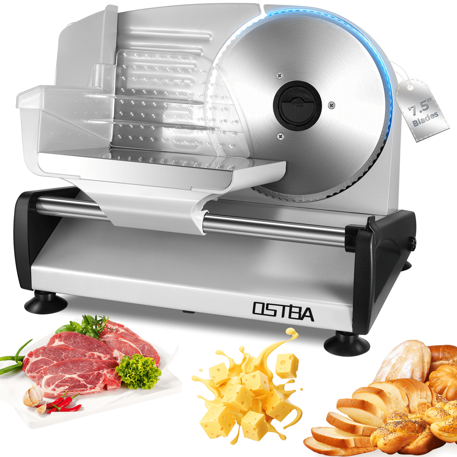 OSTBA Meat Slicer Electric Deli Food Slicer with Child Lock Protection, Removable 7.5’’ Stainless Steel Blade and Food Carriage, Adjustable Thickness Food Slicer Machine for Meat, Cheese, Bread(150W)