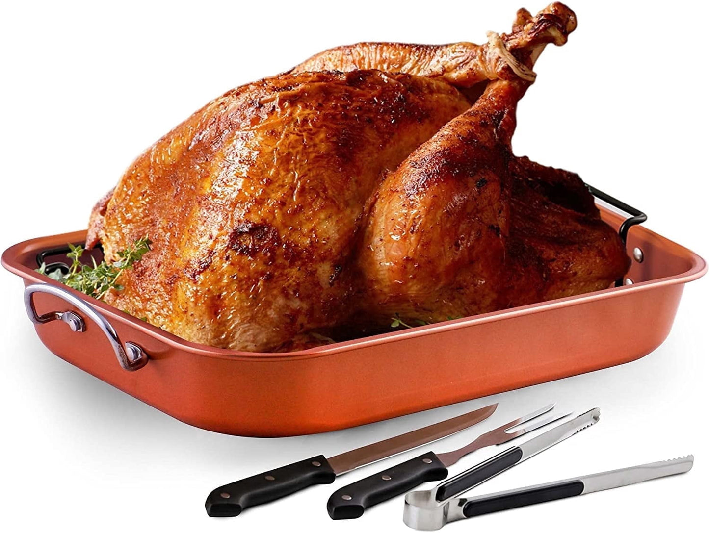 OVENTE 15 x 11.75" Stainless Steel Roasting Pan, Copper CWR24619CO | V-Shape Rack & Carving Set, Nonstick Roaster Tray, Oven & Dishwasher Safe Bakeware Dish for Turkey, Roasted Chicken or Beef