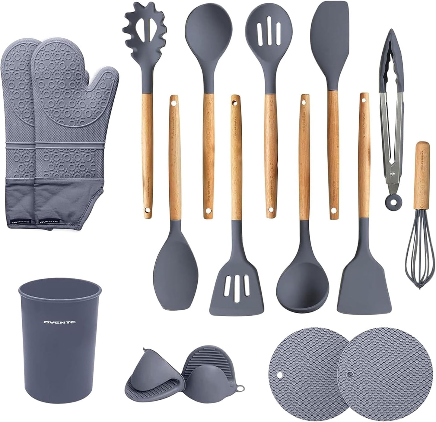 OVENTE Silicone Cooking Utensils Set, 17pcs Heat Resistant Kitchen Tools and Gadgets for Nonstick Cookware, BPA Free Spatula Set with Wooden Handle, Cup Holder, Oven Gloves and Hot Pads, Grey SPS17G