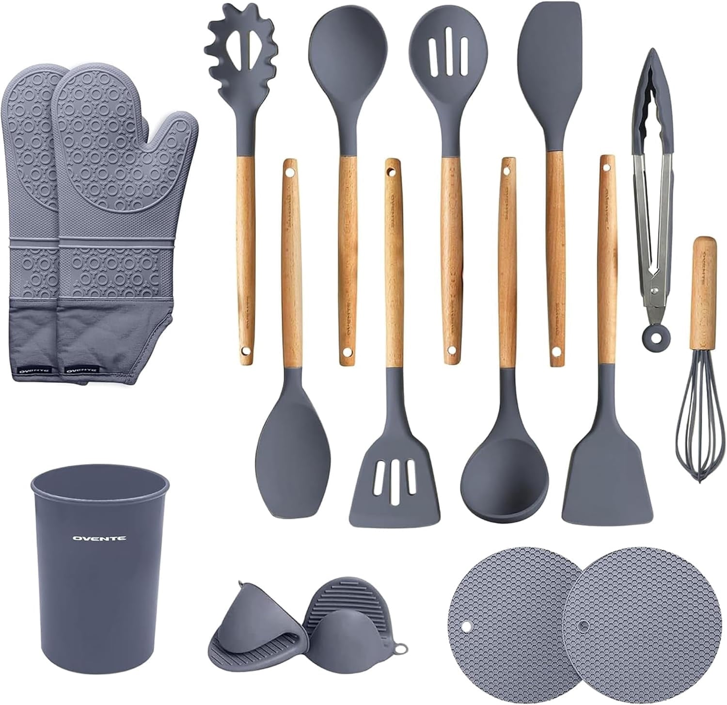 OVENTE Silicone Cooking Utensils Set, 17pcs Heat Resistant Kitchen Tools and Gadgets for Nonstick Cookware, BPA Free Spatula Set with Wooden Handle, Cup Holder, Oven Gloves and Hot Pads, Grey SPS17G