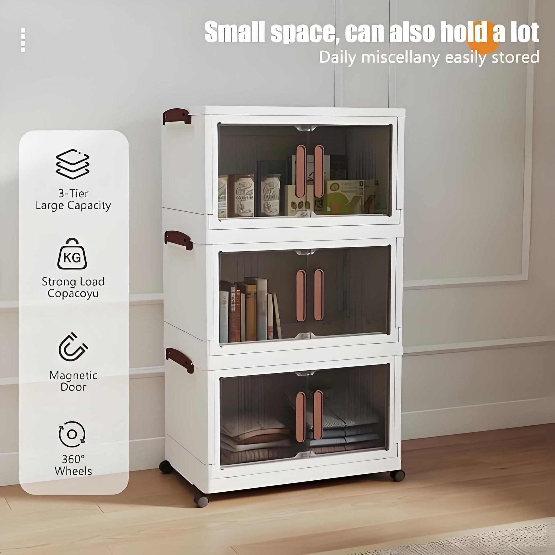 Howcool 3 Tier Stackable Storage Bins with Lids and Wheels, Foldable Storage Boxes with Rolling Casters, Closet, Living Room, Home Office