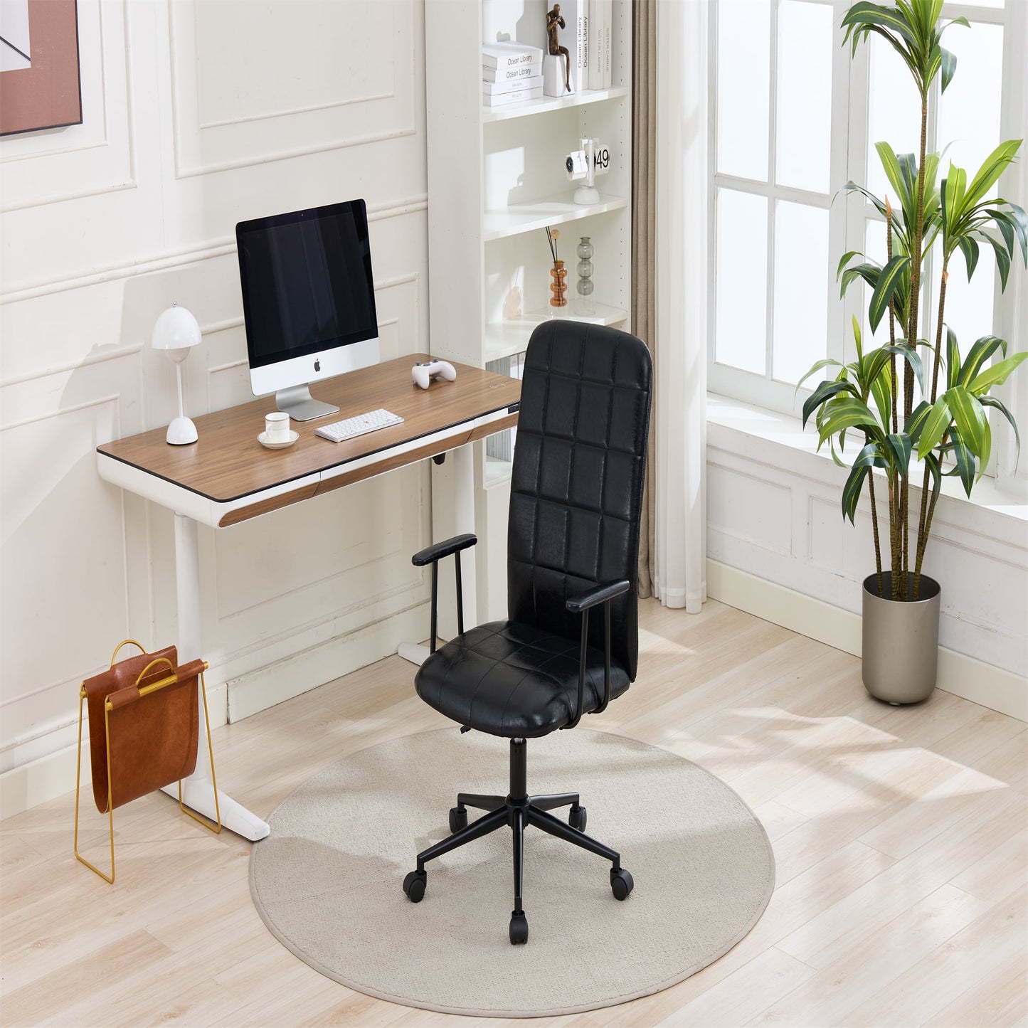 Office Chair with High Backrest & Armrest, PU leather Swivel Desk Chair with Padded Seat, Modern Adjustable Height Task Office Chair, Black