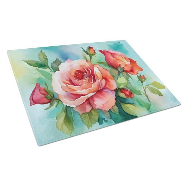 Oklahoma Roses in Watercolor Glass Cutting Board Large 12 in x 15 in