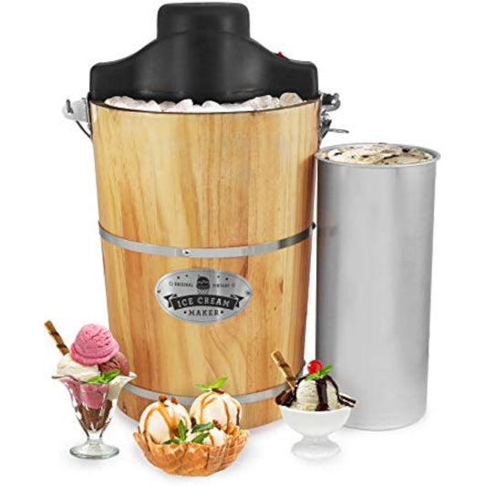 Old Fashioned 6 Quart Vintage Wood Bucket Electric Ice Cream Maker Machine Appalachian, *Bonus Classic Die-Cast Hand Crank for Churning, Uses Ice and Rock Salt Churns Ice Cream in Minute