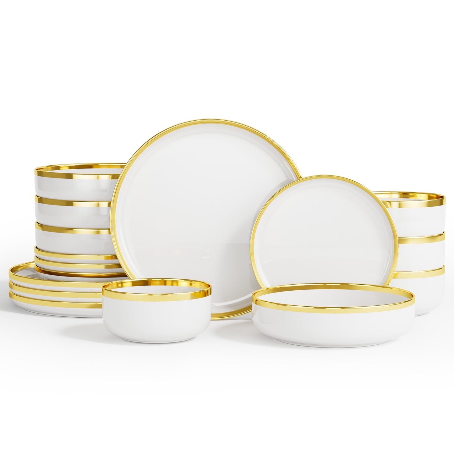 Ollieroo Juegos de Platos y Tazones de Cocina, Juego de Vajilla de Porcelana de 16 Piezas para 4, Juego de Platos de CerÃ¡mica Hecho a Mano con Borde Dorado, Blanco, No Apto para Microondas&Lavavajillas&Horno