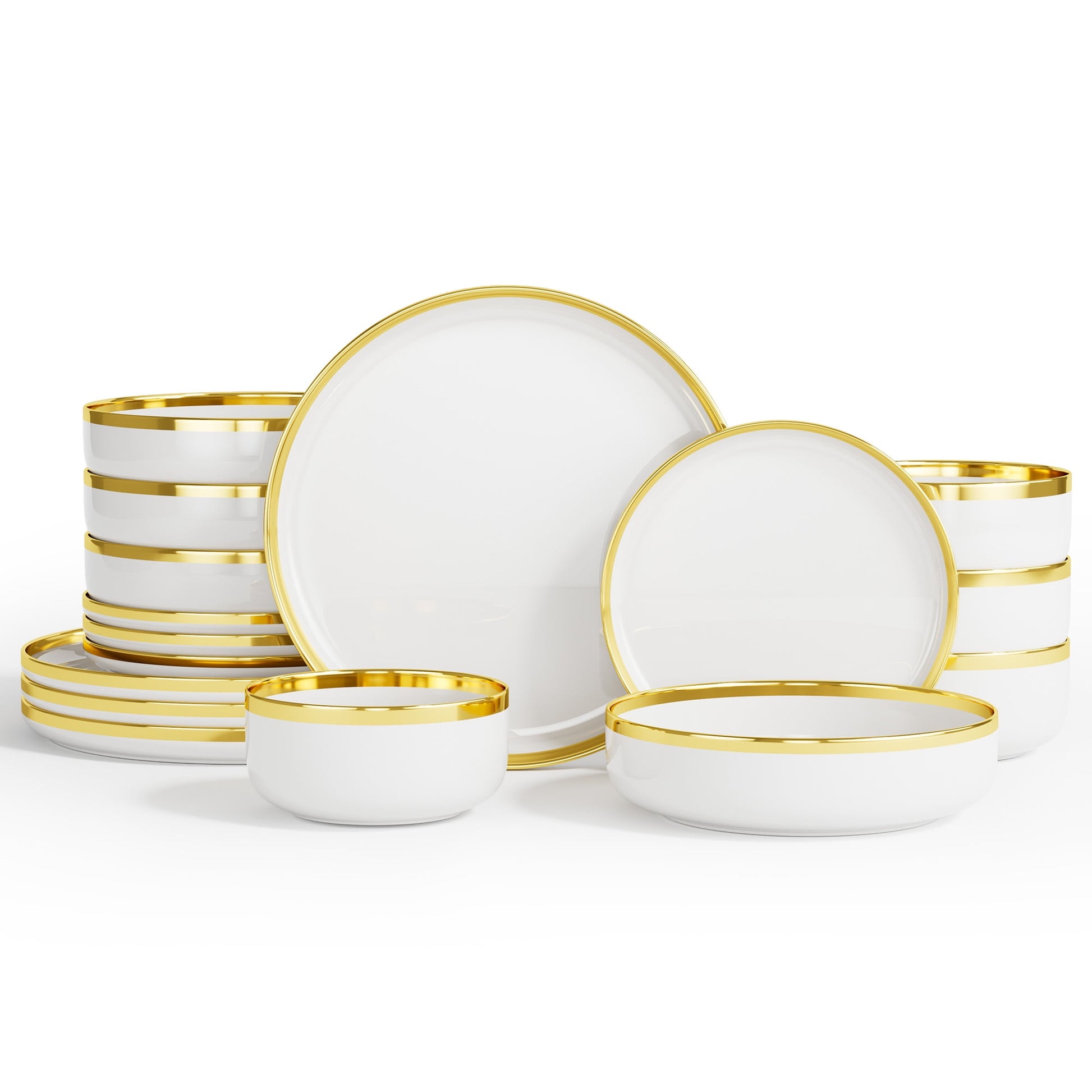 Ollieroo Juegos de Platos y Tazones de Cocina, Juego de Vajilla de Porcelana de 16 Piezas para 4, Juego de Platos de CerÃ¡mica Hecho a Mano con Borde Dorado, Blanco, No Apto para Microondas&Lavavajillas&Horno