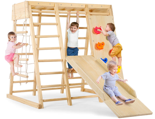 7-in-1 Indoor Playground Jungle Gym,  Easoger Montessori Waldorf Style Wooden Climber Playset Slide, Rock Climbing Wall, Rope Wall Climber, Monkey Bars, Swing for Toddlers, Children Kids