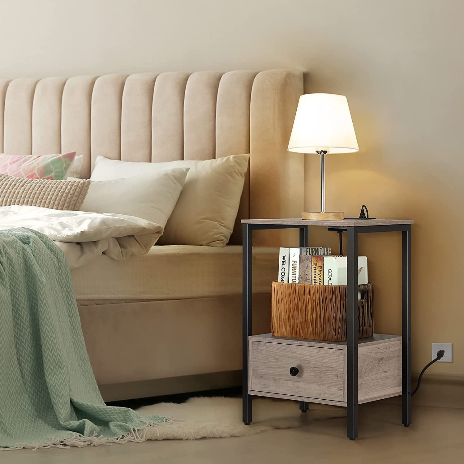 Oumilen Modern Adult Nightstand with Charging Station, Light Oak