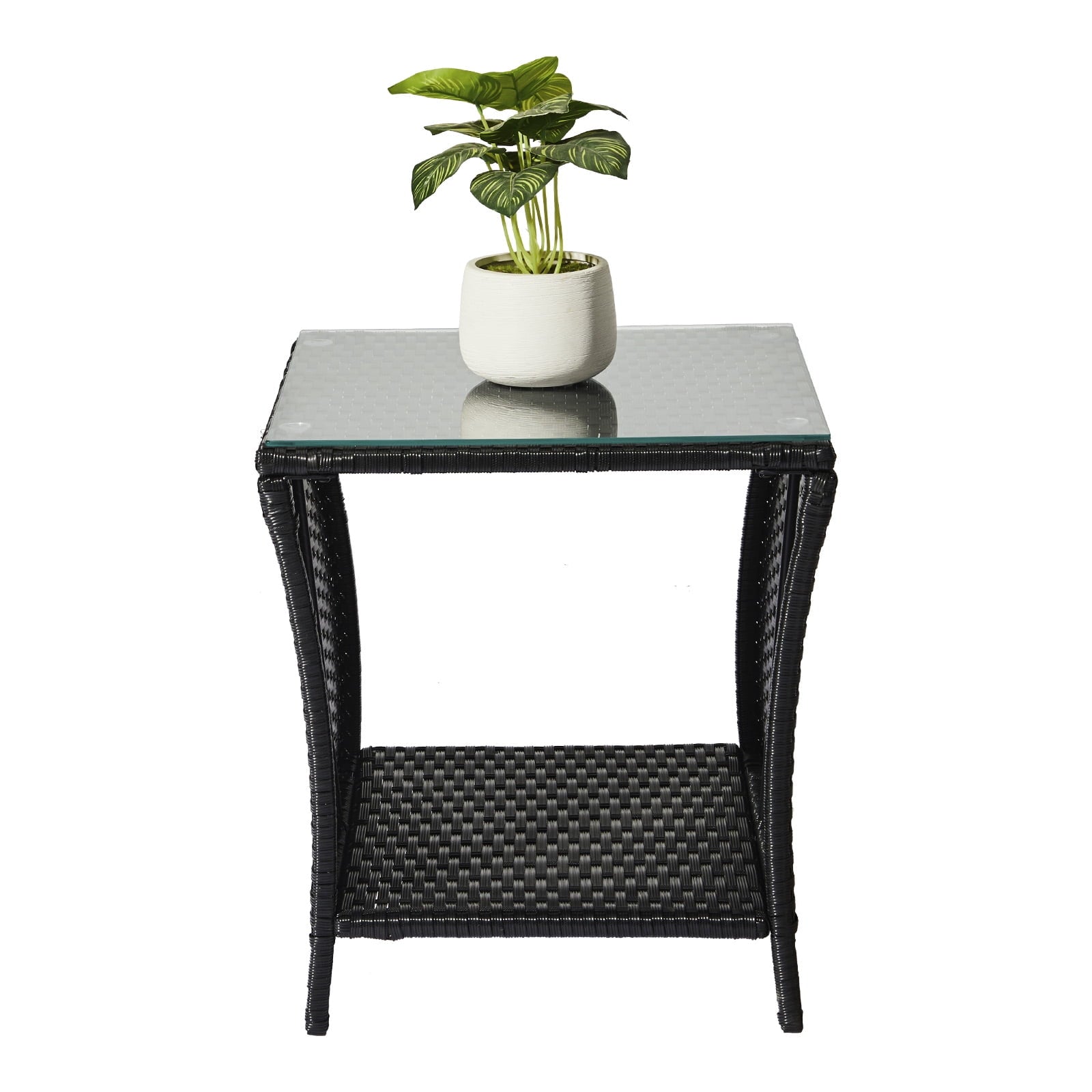 Outdoor Black PE Rattan Tempered Glass Side Table Sturdy Iron Frame Patio End Table With Storage Shelf Weather Resistant Accent Table For Garden Backyard Balcony Porch Indoor Outdoor Use