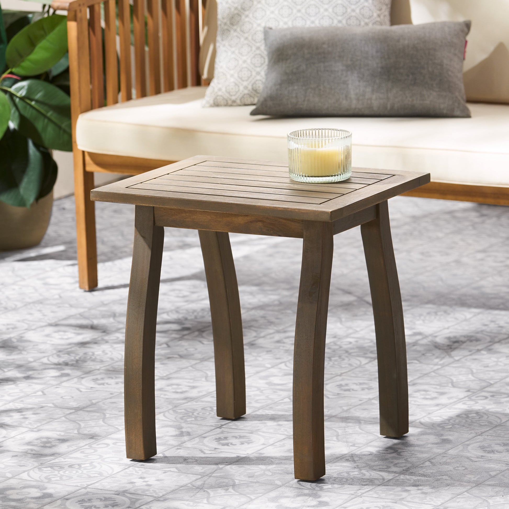 Outdoor Compact Acacia Wood End Table, Simple Accent Decor Table for Patio Garden, Gray
