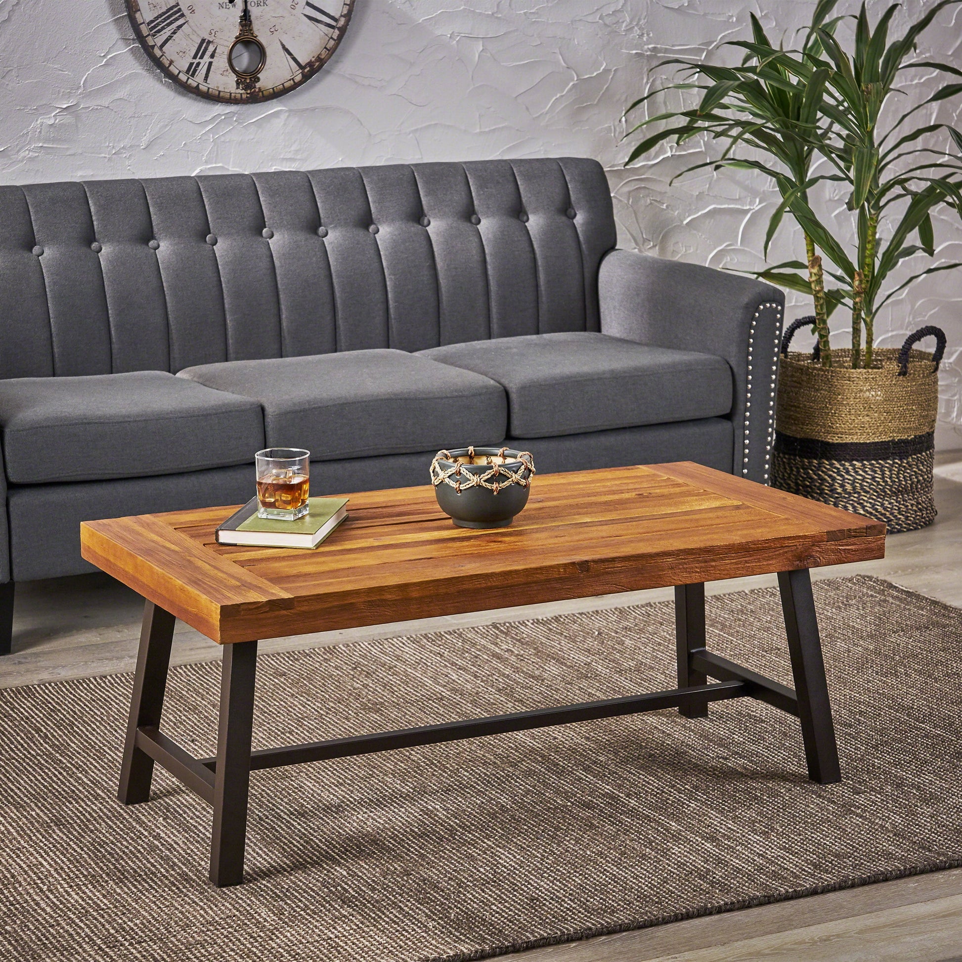 Outdoor/Indoor Rustic Acacia Wood Coffee Table, Sandblast Finish