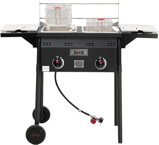 Feasto Outdoor Propane Deep Fryer with Dual Tank, Dual Independent Cast Iron Burners and Thermometers, Removable  Pot, Baskets & Lids, Movable Propane Fryer Cart with Regulator, 50000 BTU