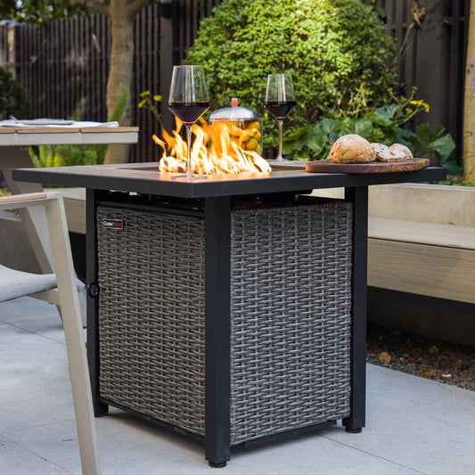 OuterMust 30 Inch Propane Fire Pit Table, 50,000 BTU Electronic-Ignition Rattan Patio Gas Fire Pit with Lid & Blue Glass Bead, Outdoor Fireplace for Dining or Party