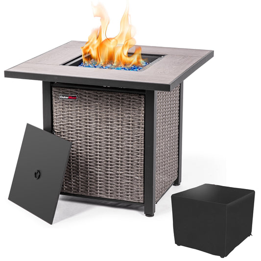 OuterMust 30 Inch Propane Fire Pit Table with Cover, 50,000 BTU Electronic-Ignition Rattan Patio Gas Fire Pit with Lid & Glass Bead, Outdoor Fireplace for Dining or Party, Gray