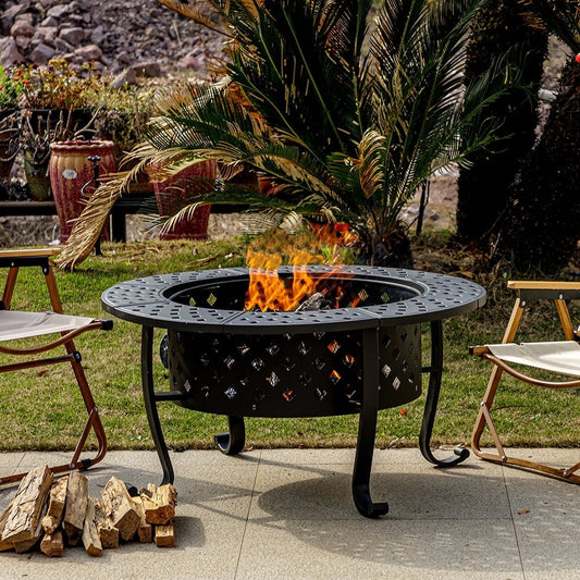 Outvue 36 inch Metal Fire Pit with 2 Grill and Lid for Outside, Garden