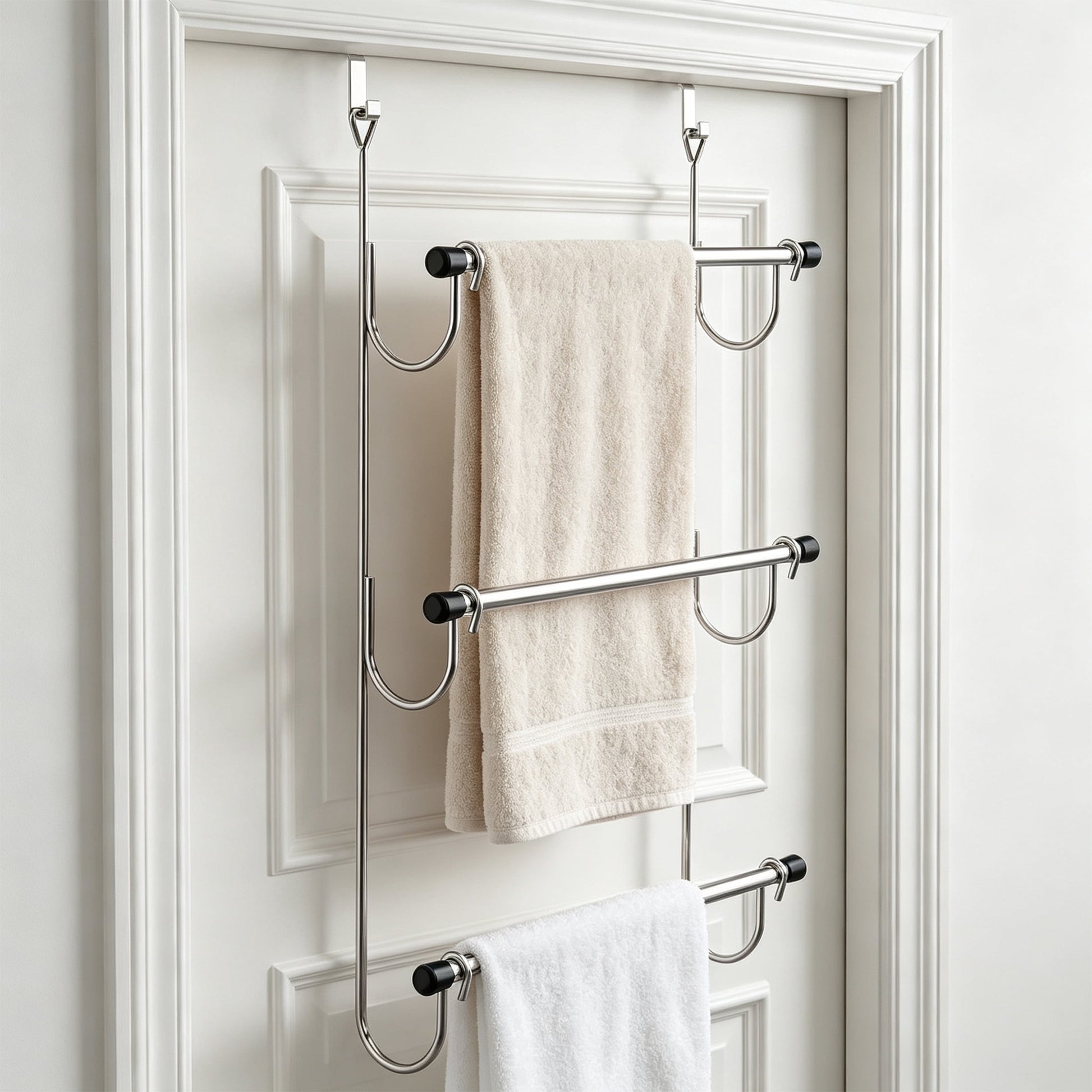 3 Tier Over The Door Towel Rack, No Drill Stainless Steel Towel Holder, Space Saving Door Hanging Towel Rack for Bathroom Storage