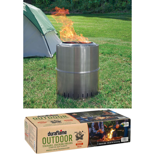 Ozark Trail 15" Collapsible Stainless Steel Smokeless Wood-Burning Camp Fire Pit with Carry Bag + Duraflame Outdoor Roasting Firelogs, Box of 3 Firelogs for 1 Crackling Campfire (3 Pack)