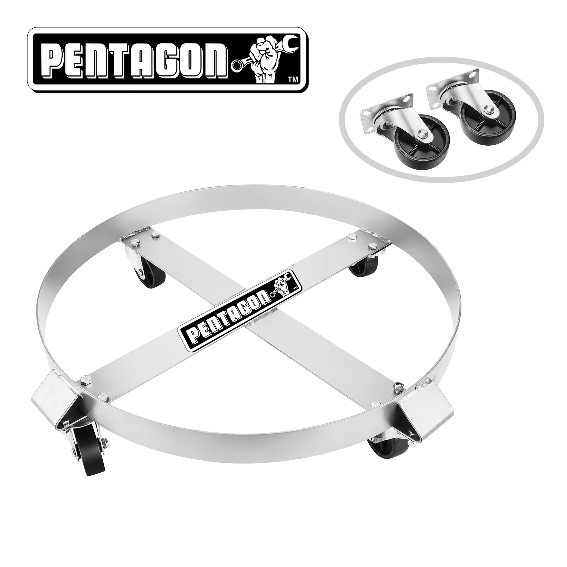 Pentagon Tool | Heavy Duty Steel | 55-Gallon Drum Dolly | Single | Silver