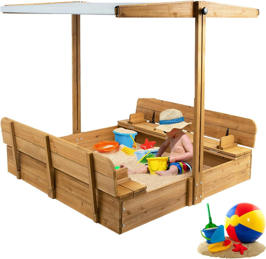 PETSCOSSET Wooden Sandbox with Lid, Kids Sandbox with Cover for Backyard, UV-resistant & Adjustable Height Roof, Gift for Ages 2-8