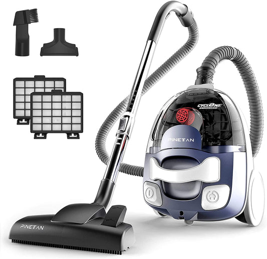 PINETAN Bagless Canister Vacuum Cleaner, with Double HEPA Filtration, Lightweight Design & Powerful Suction, Multi-Surface Cleaning Nozzle and Automatic Cord Rewind - Ocean Blue, UC601