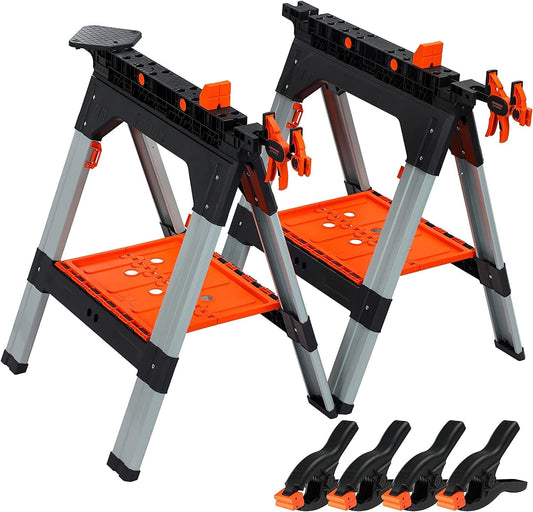 PONY 2-Pack Clamping Sawhorses, 1200 LBS Load Capacity, 30-3/4" Folding Sawhorse with 12” F Clamps, Bench Dogs, Angle Clamps, 2" Spring Clamps, Steel Legs, Heavy Duty for Woodworking