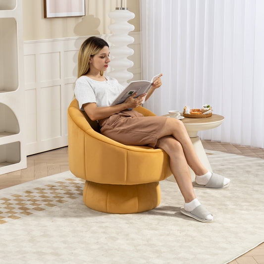 PORKISS 360° Swivel Chair, Modern Accent Chair Velvet Upholstered Reading Comfy Round Single Leisure Sofa Chair with Metal Swivel Ring for Living Room Bedroom Sunroom, Yellow
