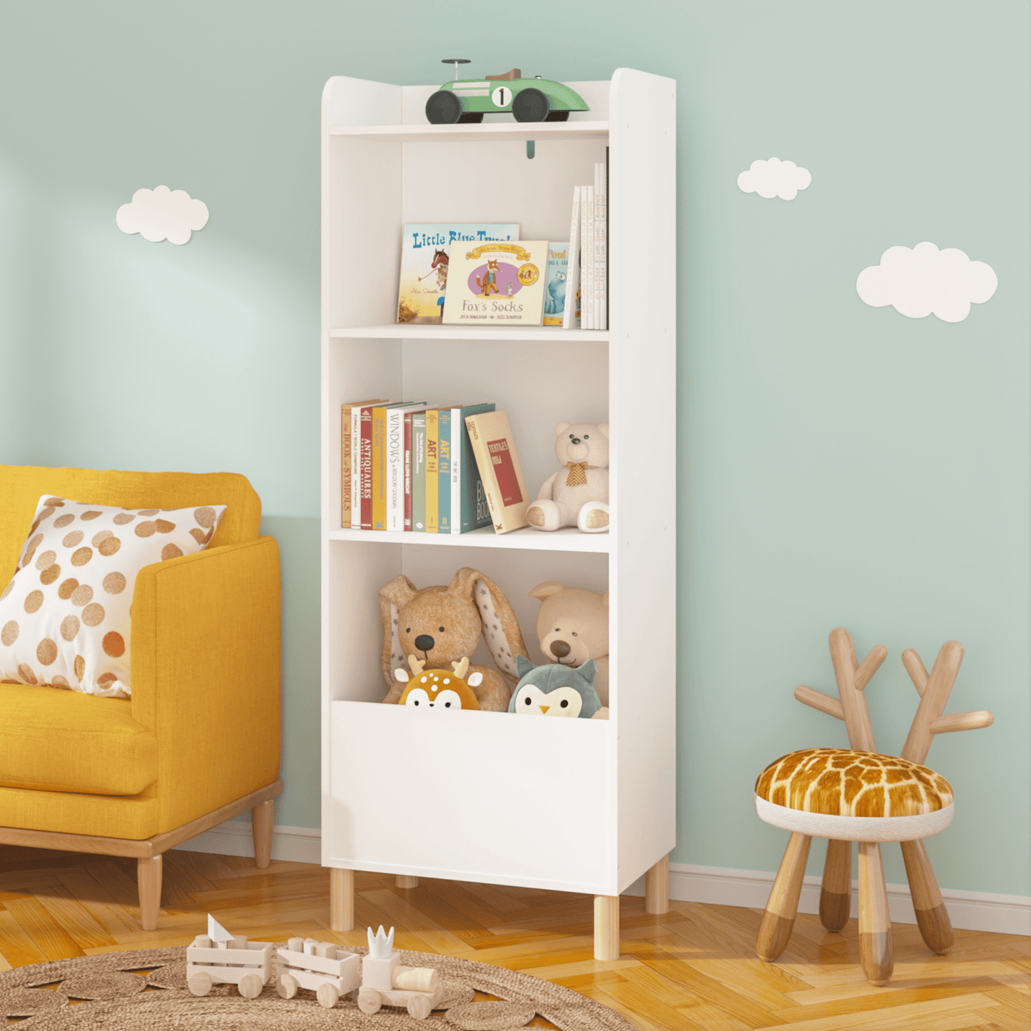 PORKISS EstanterÃ­a de 4 Niveles para NiÃ±os, Librero de Madera para NiÃ±os con Almacenamiento de Juguetes, Organizador Moderno de Juguetes para Dormitorio, Sala de Juegos, GuarderÃ­a, Blanco