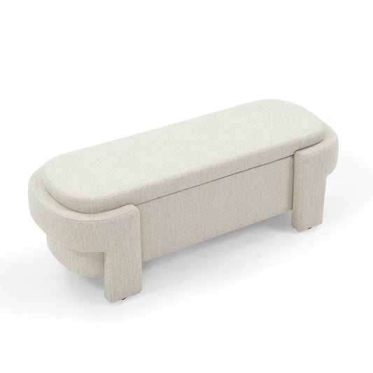 PORKISS 51” Storage Ottoman Bench, Linen Upholstered Long Storage Bench with Large Storage Space, Modern Foam End of Bed Seat for Living Room, Bedroom, Entryway, Beige