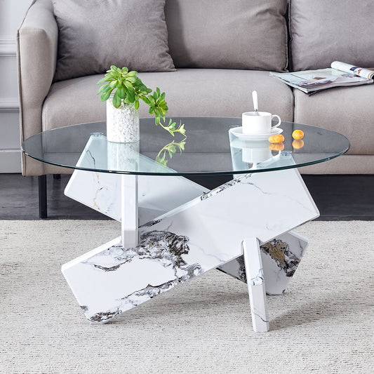 PORKISS Coffee Table, Glass Round Coffee Table for Living Room with Wood Legs, 33.4" Farmhouse Tea Table for Apartments, Reception Rooms, Center Table, White