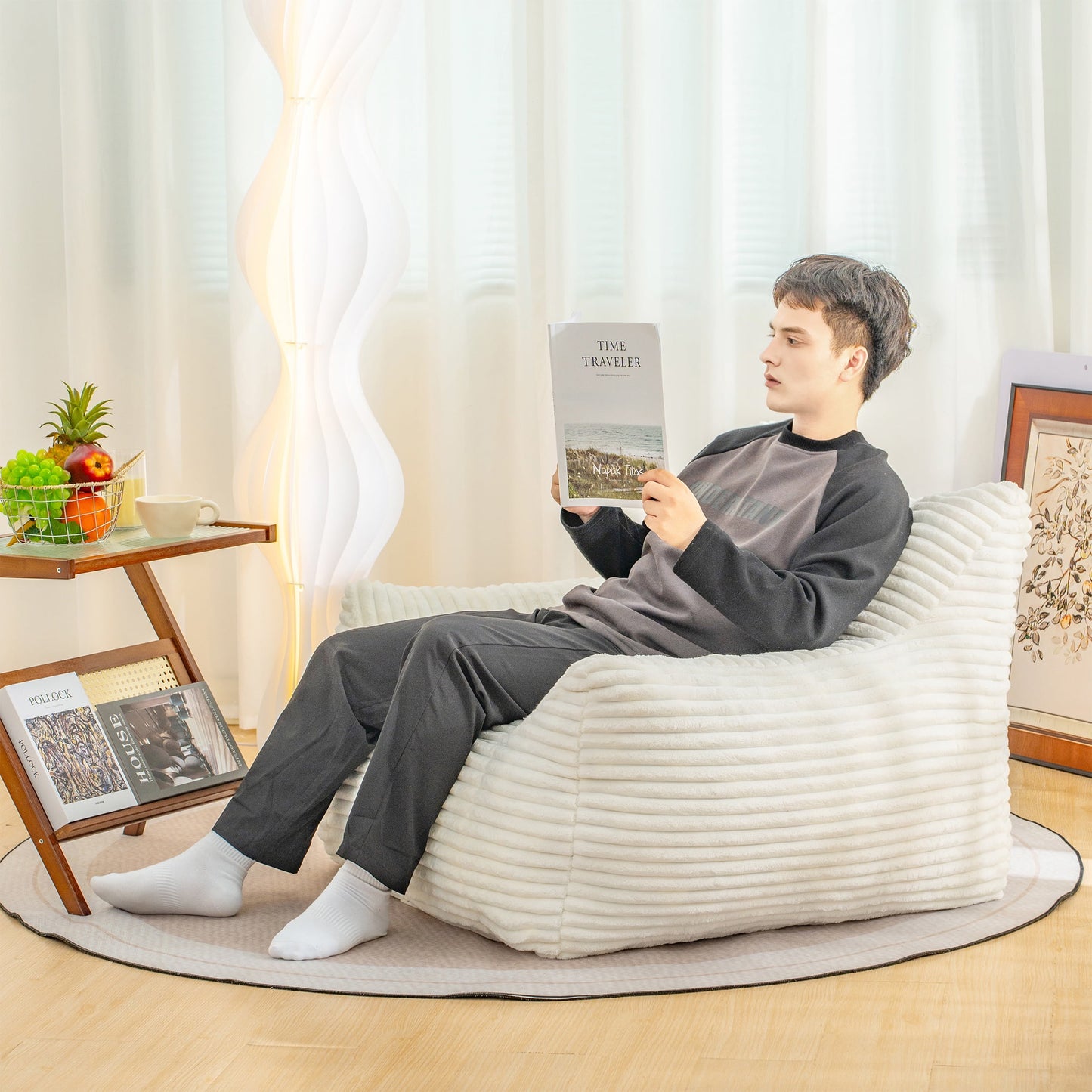 PORKISS Giant Bean Bag Chairs for Adults, Big Comfy Chair Sofa with Corduroy Fabric, Ultra Soft Lazy Floor Sofa Chair with Storage Side Pockets for Family, White